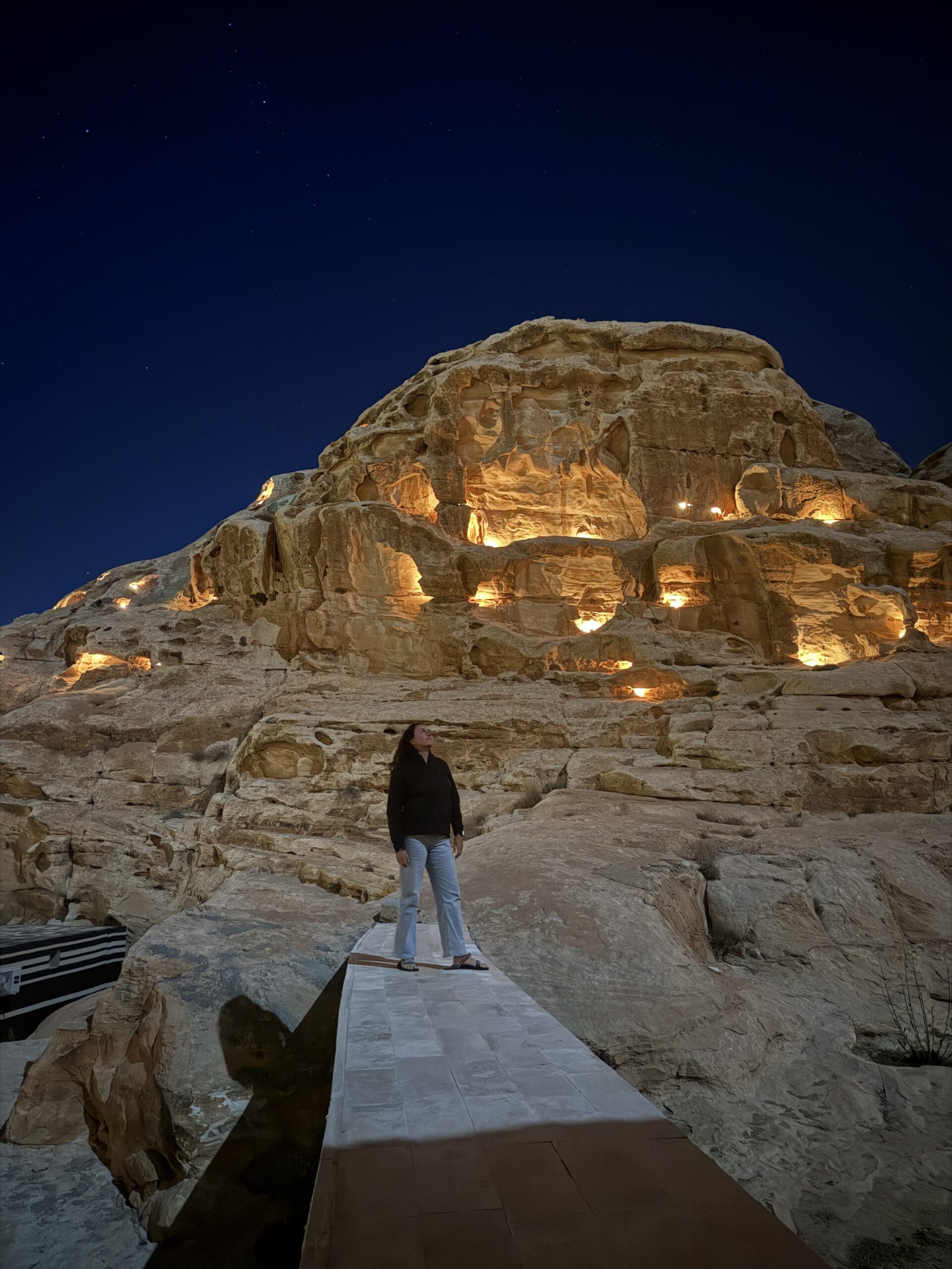 The light up rock cave at Little Petra Bedouin Camp, Jordan Trail